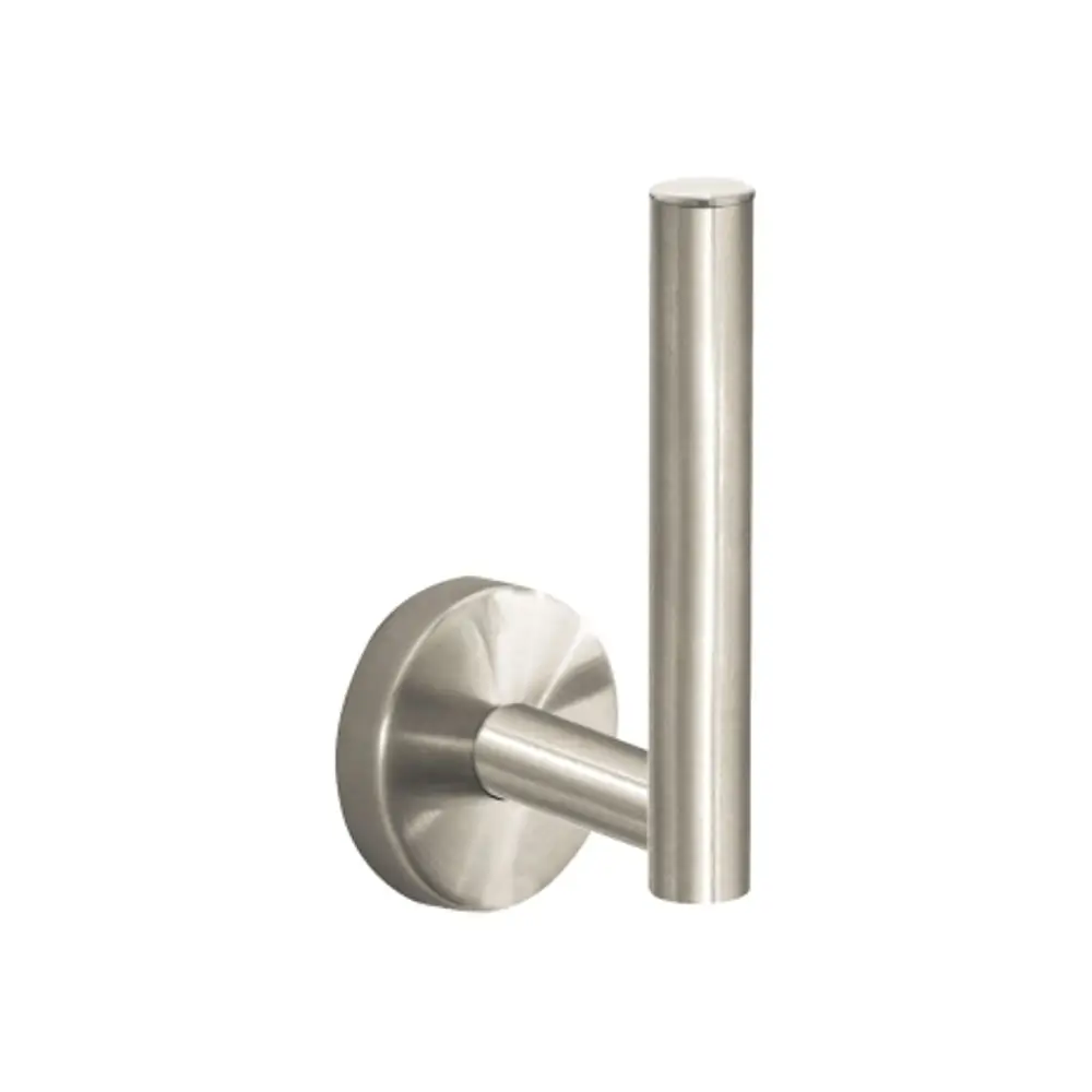 Ersatzpapierrollenhalter von Hansgrohe in gebürstetem Nickel. Er besteht aus einer runden Halterung und einem vertikalen Stab zur Befestigung von Papierrollen.